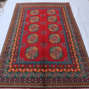 5x7 Maroon Red Blue Bokhara Rug, Afghan Handmade Natural Dyes Wool Area Rug, Turkmen Tribal Rug, Oriental Rug for Living Room Bedroom Kitche