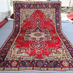 7x11 Red Blue Caucasian Area rug / Large Afghan Hand Knotted Low Pile Wool Tribal Rug / Home decor / Boho Bohemian Rug / Living Room Rugs