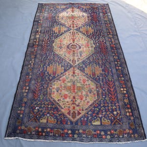Navy Blue Vintage Baluchi Rug 4&#39;1x7&#39;8 ft Afghan Hand Knotted Wool Rug, Beige Navy Pictorial Rug, Antique Rug, Bedroom Carpets, Geometric Rug