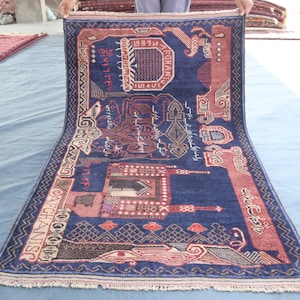 Navy Nomadic Area Rug 3x5 Vintage Pictorial Handmade Rug, Natural Vegi dyes Wool Rug, Afghan Tribal Baluchi Rug, Kids Rug, Bedroom Area Rug