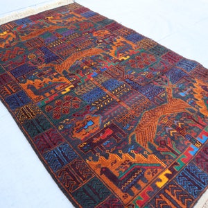 Antique Baluchi Pictorial Rug 3&#39;8x6&#39;5 ft Brown One of a kind Vintage Caucasian Birds Pictorial Afghan Handmade Wool Area Rug, Oriental Rugs
