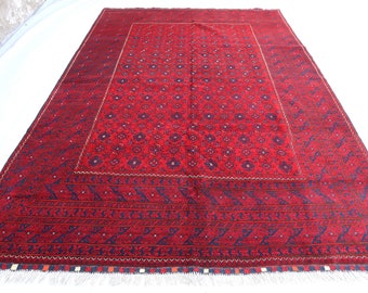 7x10 Vintage Turkmen Tribal Bashiri Fine Rug, 6'5x9'5 ft Red Afghan Hand Knotted Area Rug, Large Oriental Rug, Bedroom Rug, Living Room Rug