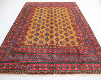 Alfombra oriental turcomana de 7x10, hecha a mano en lana dorada, diseño afgano Trible Mowri, para dormitorio y sala de estar, 200 x 300 cm, estilo vintage grande.