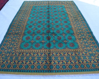 7x10 Green Gold Bokhara Area Rug - Afghan Hand Knotted Vegi Dyes Wool Oriental Rug - Afghan Traditional Rug- Tribal Turkmen Rug- Bedroom Rug