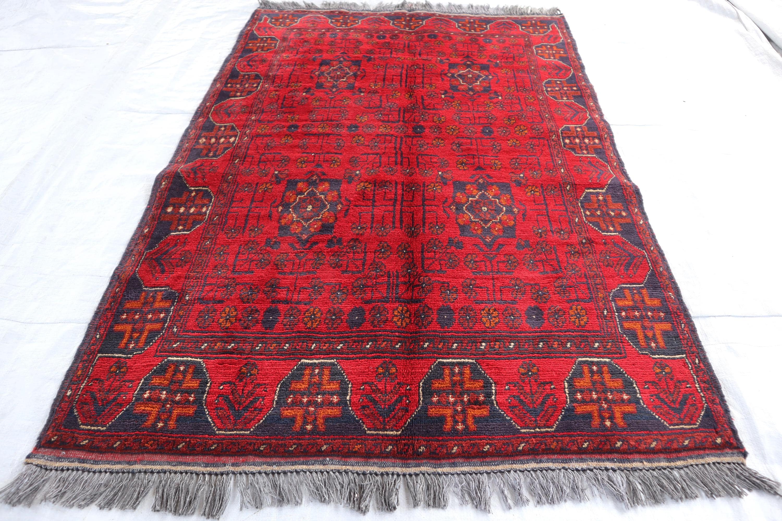 Afghan Red Carpet 3x5 Ft Handmade Turkmen Tribal Bukhara Khal