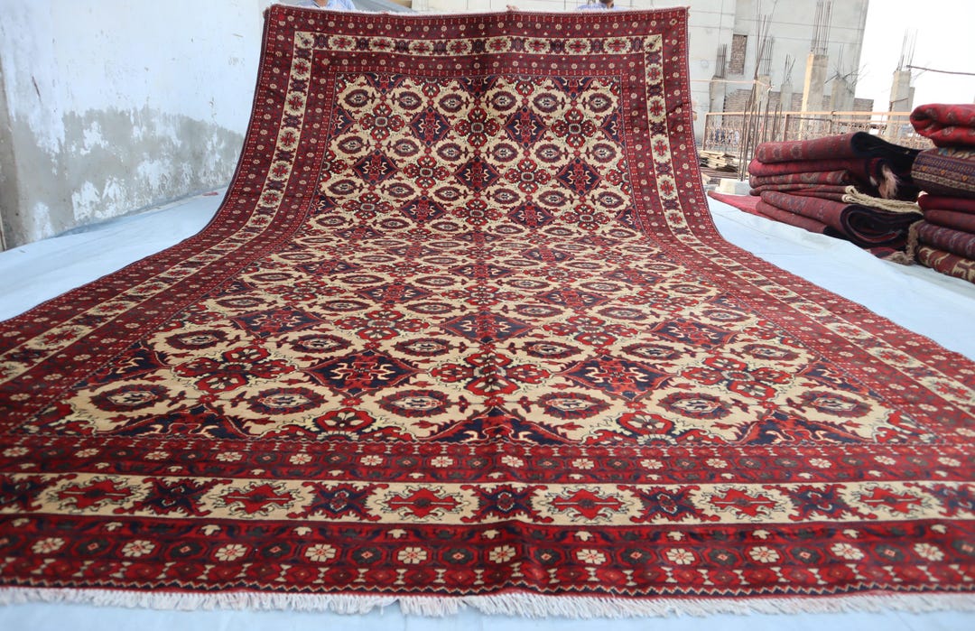 10x16 Oversize Area Rug, Large Afghan Beige Red Handmade Bokhara Rug ...