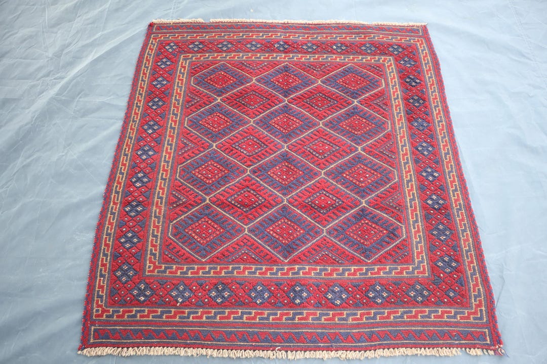 Blue Red Geometric Rug 4x4 Ft Afghan Bohemian Square Area Rug, Hand ...
