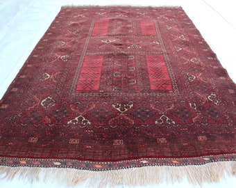 5'5x7'7 ft Large Vintage Afghan Parda Rug- 1980 Antique Handmade Traditional Wool Red Carpet- Turkmen Tribal Area rug- Living Room Rug 6x8