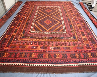 1990s Antique Faded Kilim Area Rug 10x16 Rustic Red Ivory Large Flatweave Rug/ Turkmen Vintage 100% Wool Rug/ Dining Room Rug/ Bedroom Rugs