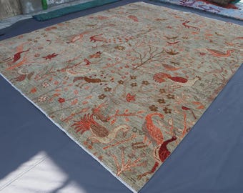 9x12 ft One of a kind Chinese Style Pictorial Rug - Large Dragon Rug - Phoenix Animal Print Art Rug - Afghan Tribal Rug- Large Farmhouse Rug
