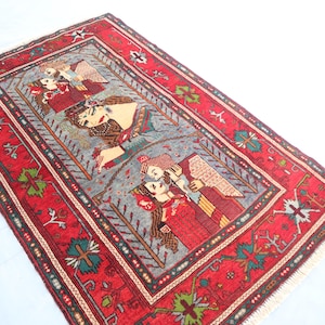 100x150 cm, Collectors Piece Vintage Pictorial Rug, 3x5 ft High Pile Soft Afghan Unique Handmade Antique Rug, One of a kind Home Decor Rug