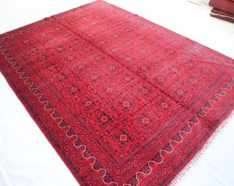 Afghan Antique Rug 8x11 ft Turkmen Red Bukhara Oriental Rug Vintage Hand Knotted Wool Area Rug- Rug for Living Room 8x11 Red Dining Room Rug
