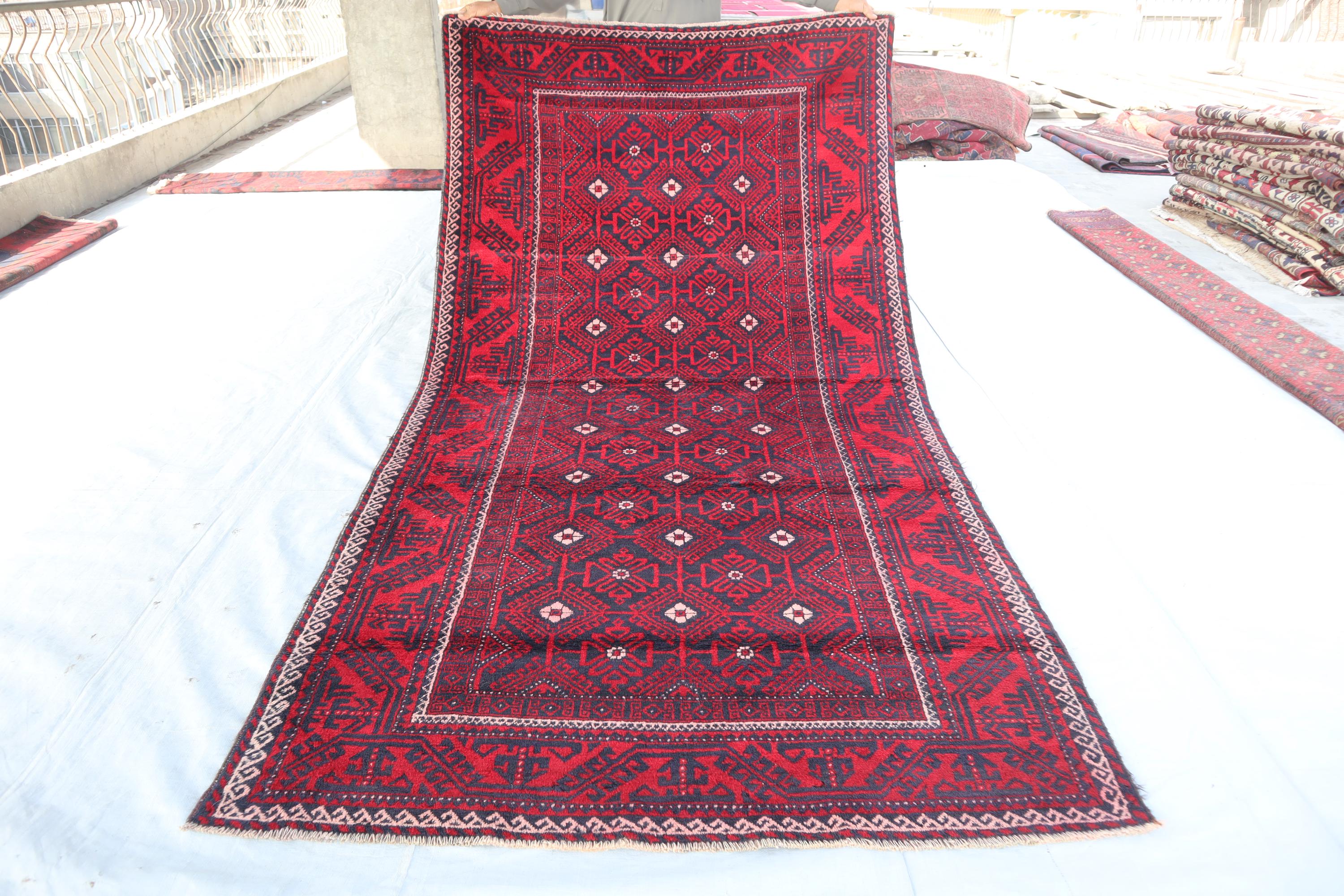 4'8x8'4 Ft Vintage Baluch Rug, Gray Red Afghan Handmade Wool Rug