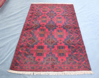 Collectors piece Rug 4x6 Antique 1980s Afghan Tribal Rug, Red Handmade Vintage faded Wool Rug Turkmen Oriental Rugc, Living Room Rug Kitchen