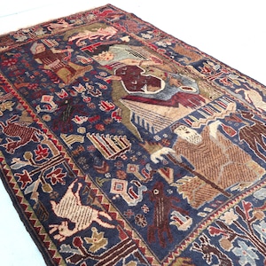 4x6 ft, Collectors piece Handmade Art deco Rug, Vintage Pictorial Rug, Afghan Handmade Baluchi Rug, Natural dyes Wool Area Rug, Antique Rug