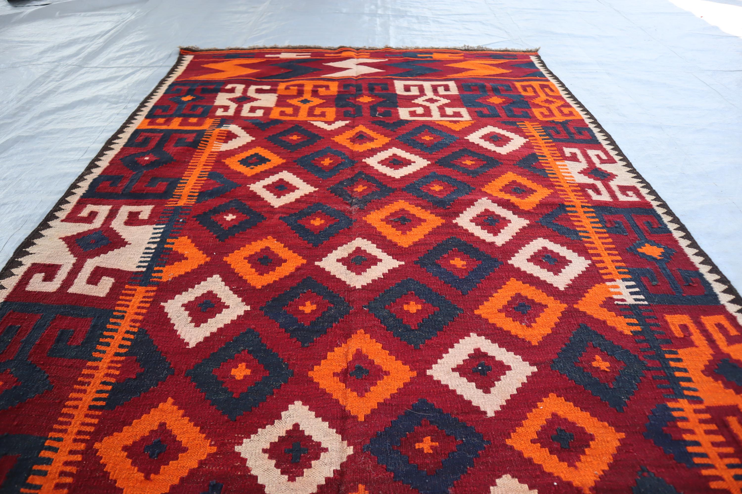 5x13 Afghan Kilim Vintage Runner Rug- 100% Wool Turkmen Geometric