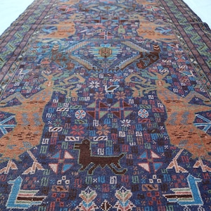Collectors piece 3&#39;10x6&#39;5 ft Pictorial Rug- Navy Brown Vintage Baluchi Afghan Handmade vegi dyes Wool Rug- Kids Area Rug-Bohemian Home Decor
