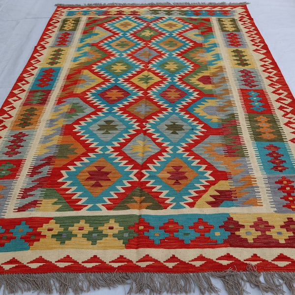 7x10 Afghan Kilim Rug, Authentic Handmade Wool Flatweave, Natural Vegetable dyes Turkmen Oriental Rug, Blue Beige Red, Living room, Bedroom