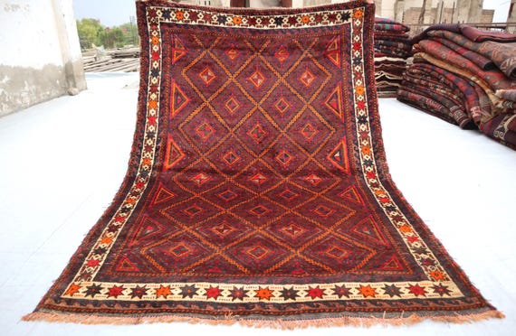 ラグ Afghan baluch rug Afghan Baluch Rug 4x6, Tribal, Geometric, Unique Colors, Triple