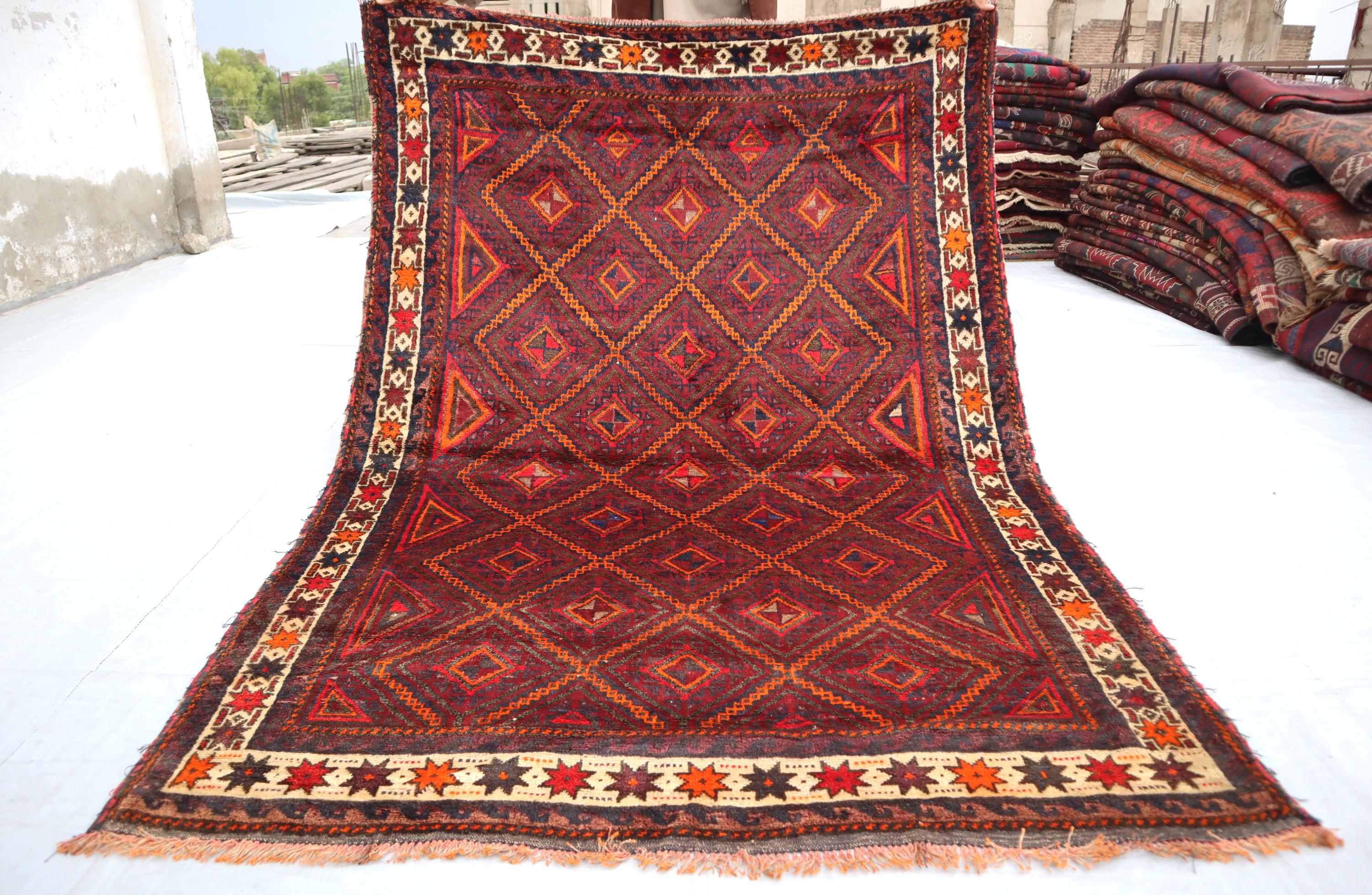 ラグ・カーペット Afghan baluch rug 5x7 Ft Antique Afghan Geometric Design Baluch Vintage Faded