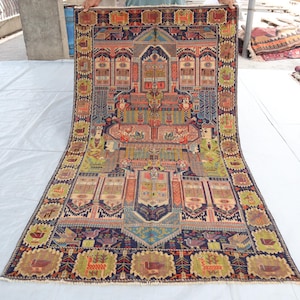Pictorial Rug 3&#39;8x6&#39;7 ft Beige Navy Afghan Vintage Rug, Wool Rug, Handmade Tribal Rug, Traditional Wool Rug, Oriental Rug, Wall Hanging Rug