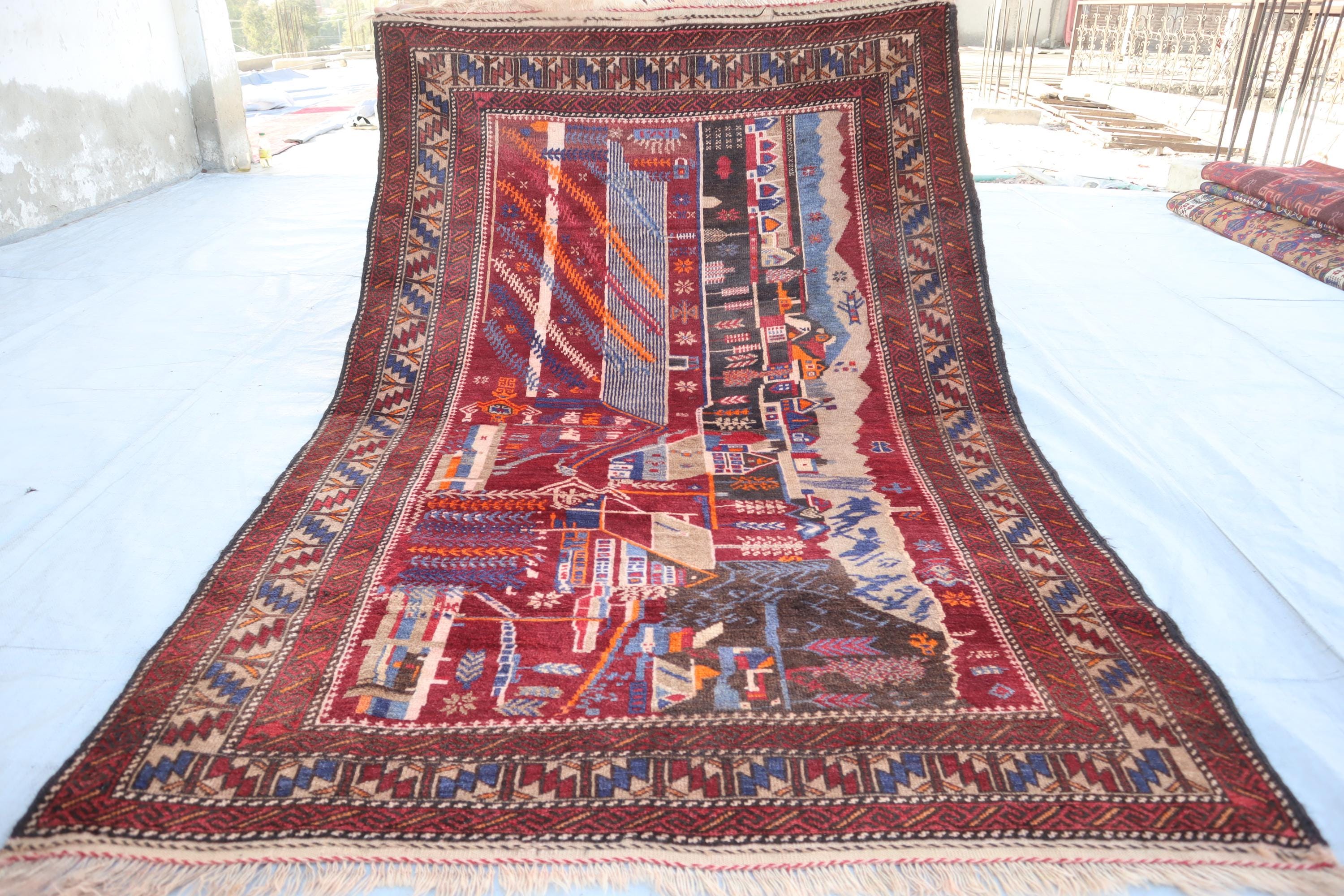 4'3x6'5 Ft Afghan Pictorial Baluchi Rug, Mountains Homes
