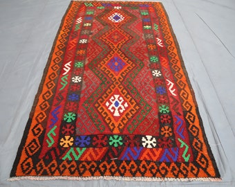 Afghan Vintage Kilim Rug 4x6 Handmade Wool Turkmen Flatweave Geometric Kilim Rug- Oriental Bedroom Carpet- Red Orange Black Entryway Way Rug