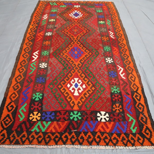 Afghan Vintage Kilim Rug 4x6 Handmade Wool Turkmen Flatweave Geometric Kilim Rug- Oriental Bedroom Carpet- Red Orange Black Entryway Way Rug