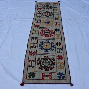 Suzani Bed Throw 2'0x7'5 Ft Vintage Floral Art Rug, Antique Uzbek Handmade Bedsheet, Bohemian Suzani Runner Rug, Multi Color Kids Area Rug