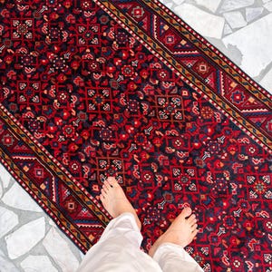 3'7x13'10 ft Wide Hallway Runner, Afghan Hand Knotted Rug, Soft Pile Wool Rug, Red Vintage Bidjar Rug, Turkmen Tribal Rug, Kitchen Runners