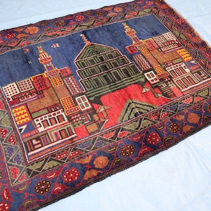 4&#39;4x6&#39;2 Ft Large Pictorial rug/ Afghan Vintage Navy Red Balochi Carpet/ Handmade Wool Rug/ Oriental Tribal Rug/ City House Art Rug/ Kids Rug