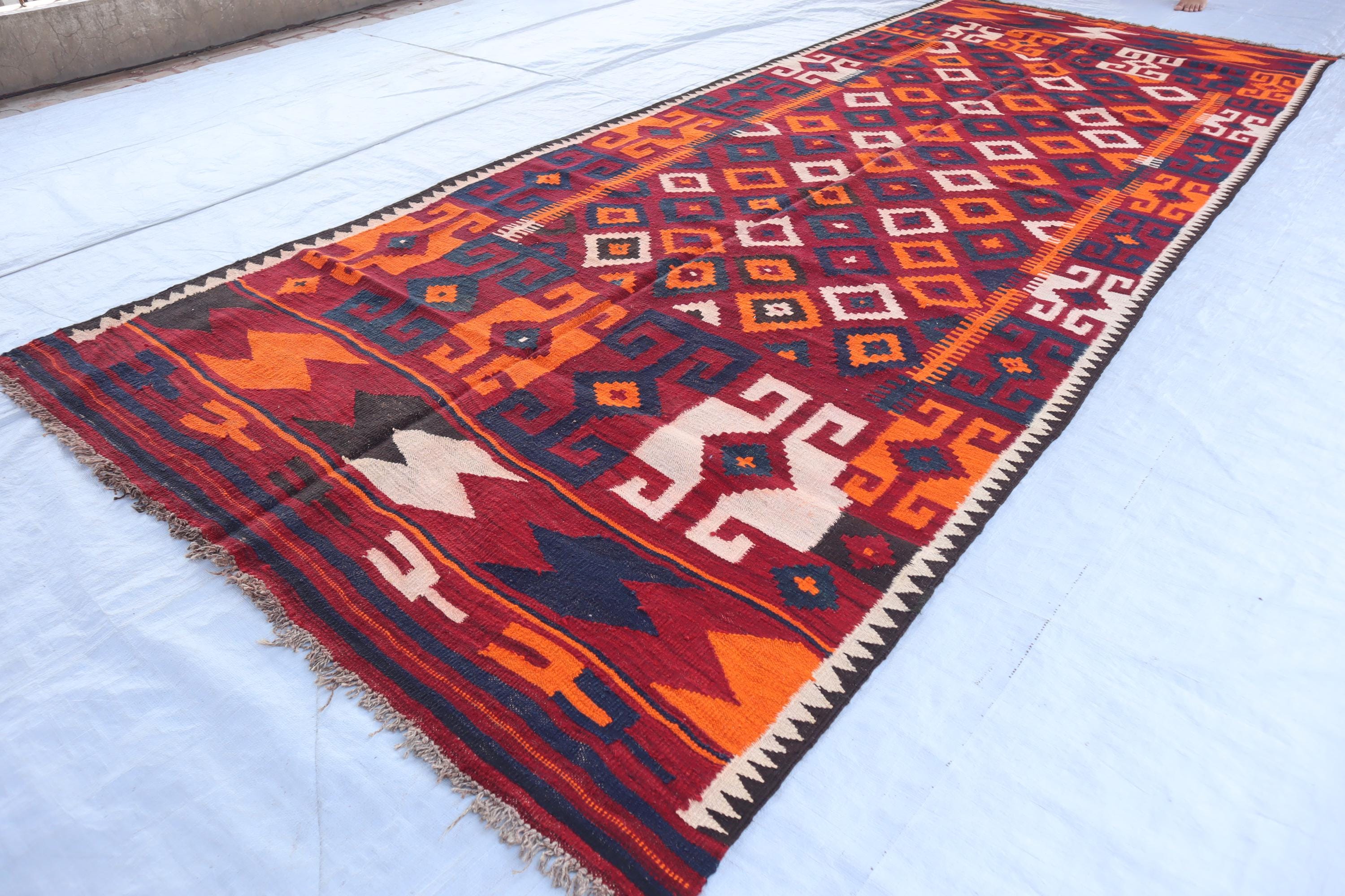 5x13 Afghan Kilim Vintage Runner Rug- 100% Wool Turkmen Geometric