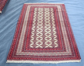 4'4x6'0 ft Beige Red Vintage Afghan Zahir Shahi Rug, Afghan Handmade Geometric Rug, Colletible Rug, Turkmen Oriental Rug 4x6 Living Room Rug