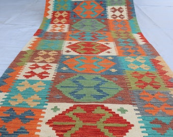 10 ft Runner Rug 2'8x9'5 ft Afghan Kilim Runner Rug, Handmade Wool Flatweave Geometric Natural dyes Orange Turquoise Blue Hallway Runner Rug