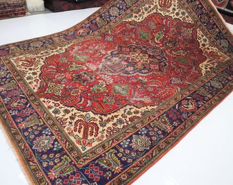 1950's Antique Turkish Heriz 6'5x9'8 ft, Medallion Design Rug, Afghan Hand Knotted low pile Wool Caucasian rug, Rugs for Living Room Bedroom