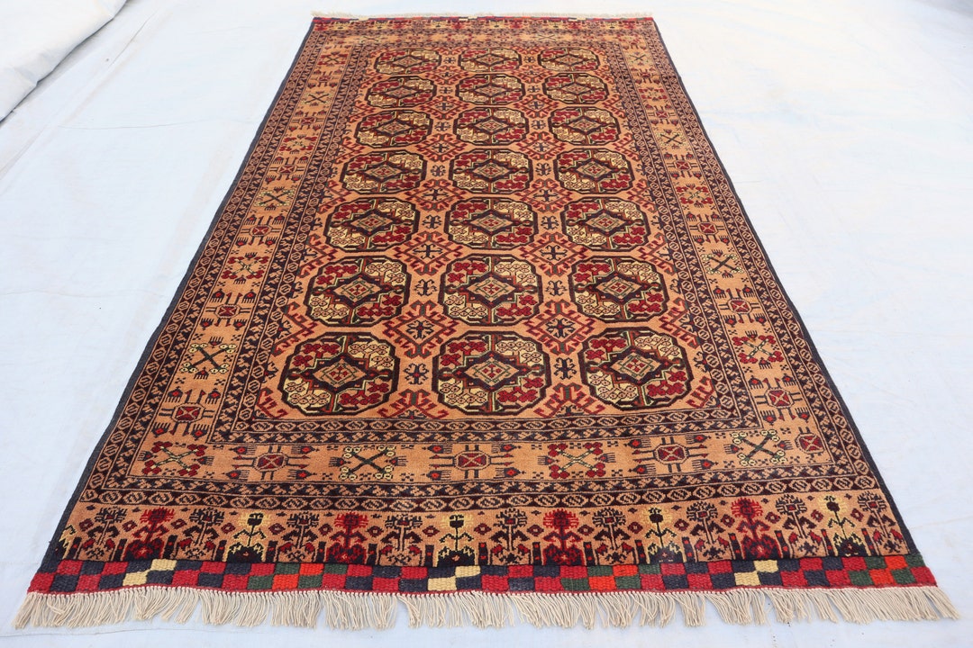 Gold Bukhara Rug 4x7 Ft Afghan Handmade Wool Area Rug, Turkmen Elephant ...
