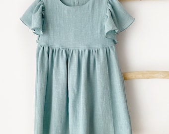 Kleid Mädchen aus Baumwolle Salbei, Mint, Kinderkleid mit Flügelärmel, Mädchen Sommerkleid, Mädchenkleid, Kleid mit Knopfleiste