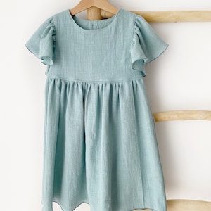 Kleid Mädchen aus Baumwolle Salbei, Mint, Kinderkleid mit Flügelärmel, Mädchen Sommerkleid, Mädchenkleid, Kleid mit Knopfleiste Bild 1