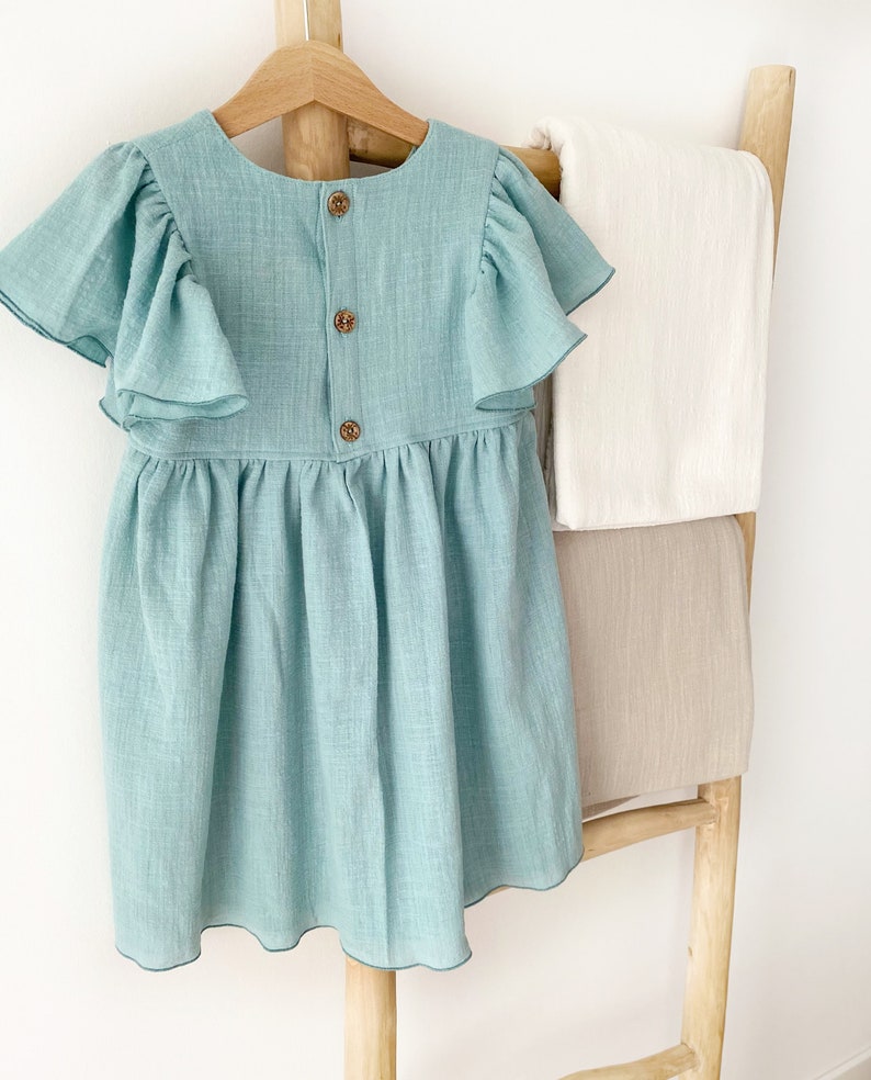 Dress girls made of cotton sage, mint, children's dress with cap sleeves, girls summer dress, girls dress, dress with button placket image 2