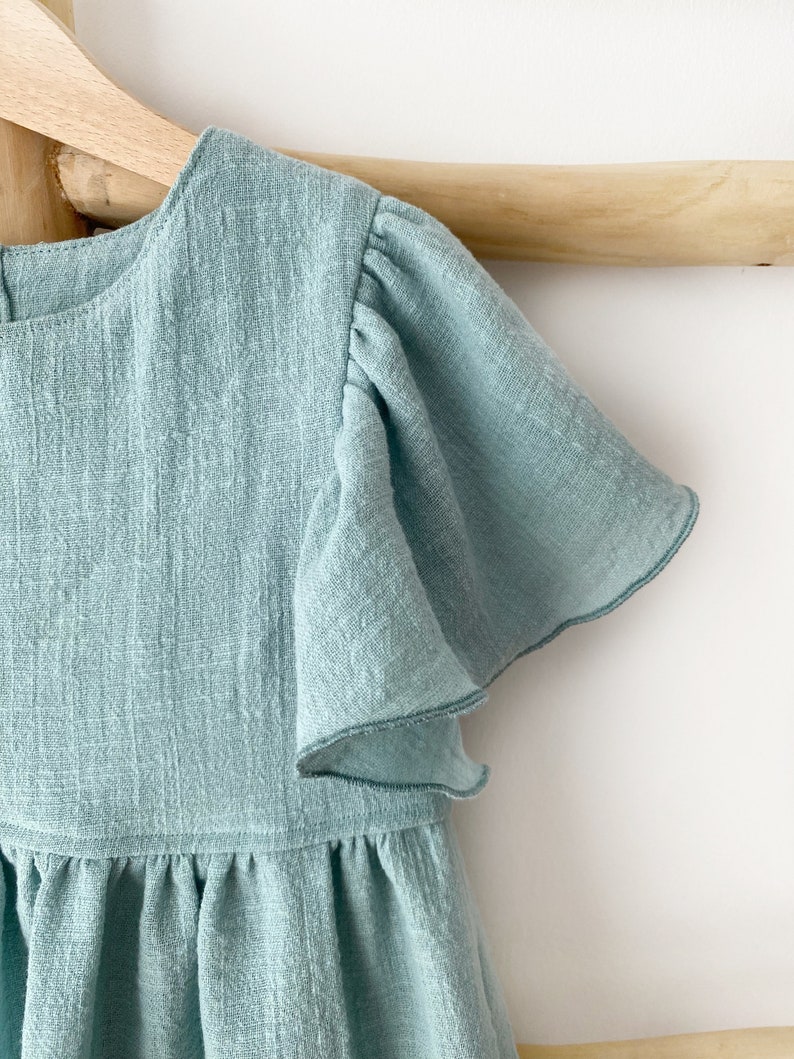 Dress girls made of cotton sage, mint, children's dress with cap sleeves, girls summer dress, girls dress, dress with button placket image 3