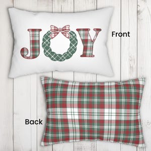 Joy Plaid Lumbar Pillow, Decorative Holiday Accent Pillow, Christmas Cushion, Faux Appliqué Pillow, Patchwork Plaid, Farmhouse Style
