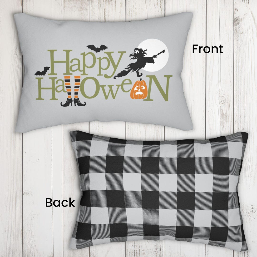Happy Halloween Pillow With Witches, Bats, Moon, and Jack O Lantern ...