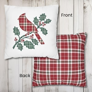 Christmas Cardinal Pillow Covers, Faux Appliqué Christmas Pillow, Red and Green Cushion, Plaid Christmas Pillow Covers, Holiday Pillowcase