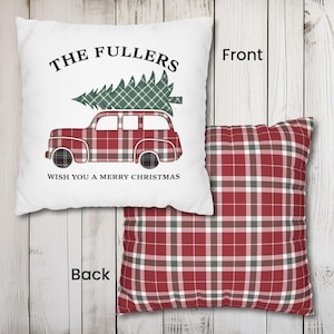 Personalized Christmas Woody Wagon Pillow Cover, Farmhouse Style, Plaid Christmas Cushion Cover, Holiday Decor, Faux Appliqué Pillow Cover