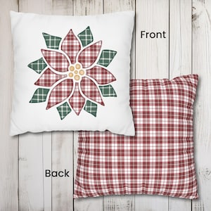 Plaid Poinsettia Faux Appliqué Pillow Cover, Red and Green Decorative Cushion Cover, Plaid Christmas Pillow Covers, Holiday Pillowcase