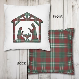 Plaid Nativity Faux Appliqué Pillow Cover, Plaid Christmas Pillow Covers, Christian Decorative Cushion Cover, Holiday Crèche Pillowcase
