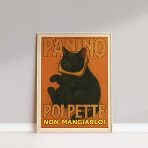 Sanduíche de Almôndega – Impressão de pôster de arte de parede de gato italiano vintage (preto)