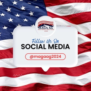 Puede incluir: Un bocadillo de di&aacute;logo blanco con el texto "MAGA AG MAKE AMERICA GREAT AGAIN, AGAIN" y "Follow Us On SOCIAL MEDIA @magaag2024" sobre un fondo de bandera estadounidense.