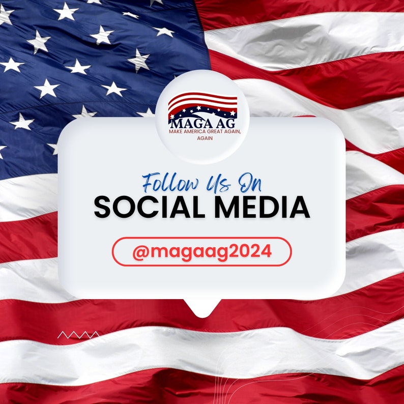 Puede incluir: Un bocadillo de di&aacute;logo blanco con el texto "MAGA AG MAKE AMERICA GREAT AGAIN, AGAIN" y "Follow Us On SOCIAL MEDIA @magaag2024" sobre un fondo de bandera estadounidense.