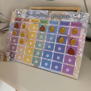 Peut inclure: Un tableau coloré avec le texte "Je deviens propre" et les jours de la semaine en français. Le tableau comporte des cases pour suivre les progrès, avec des autocollants de gouttes jaunes souriantes et d'émoticônes de caca marron.